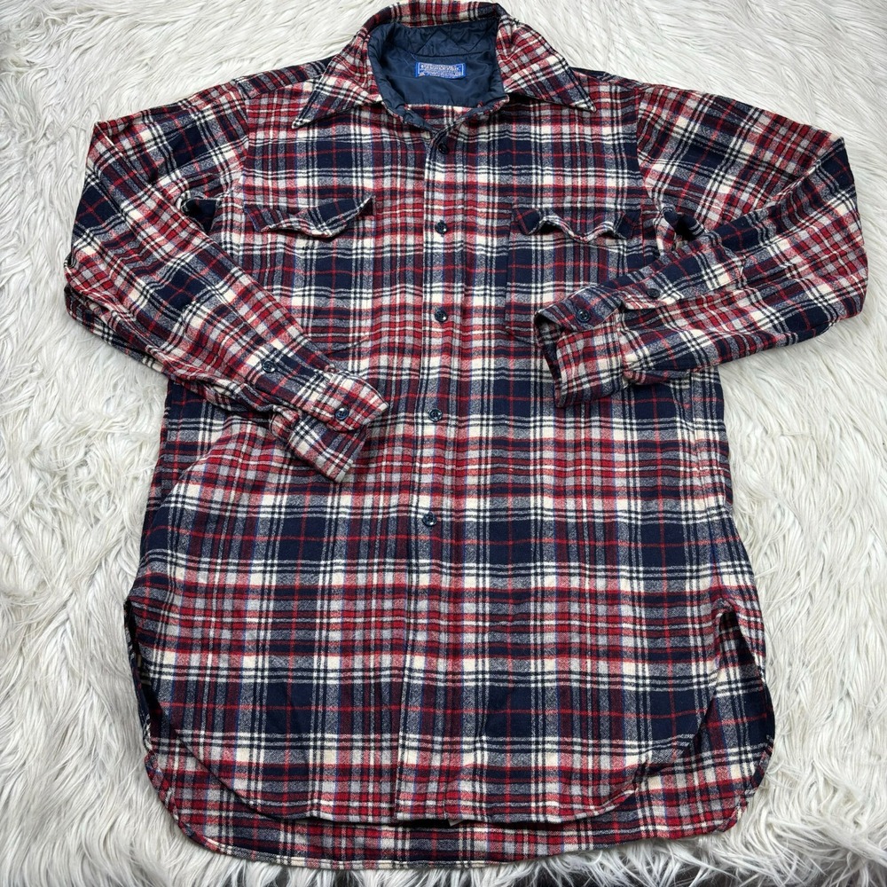 Vintage Pendleton Men's M Wool Flannel Button Front Shirt Red White Blue FLAW